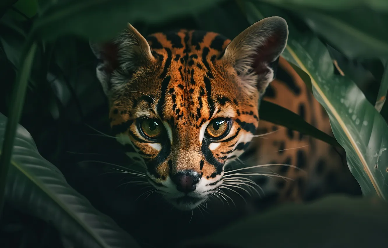 Photo wallpaper look, face, leaves, the dark background, thickets, portrait, jungle, wild cat