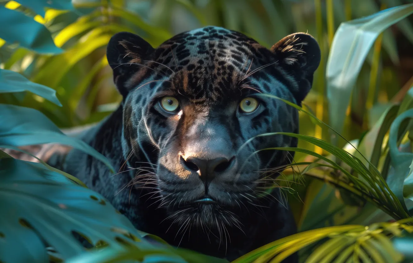 Photo wallpaper look, face, leaves, light, thickets, portrait, Panther, jungle