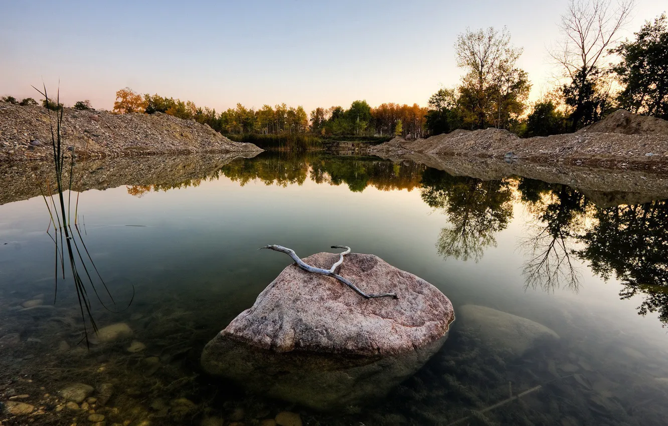 Photo wallpaper lake, stone, branch