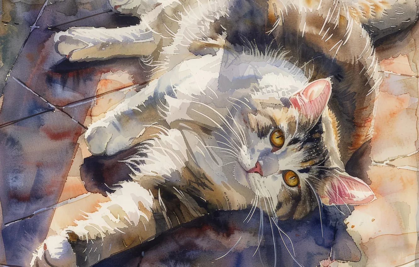 Photo wallpaper cat, cat, look, art, lies, digital art, imitation painting, AI art