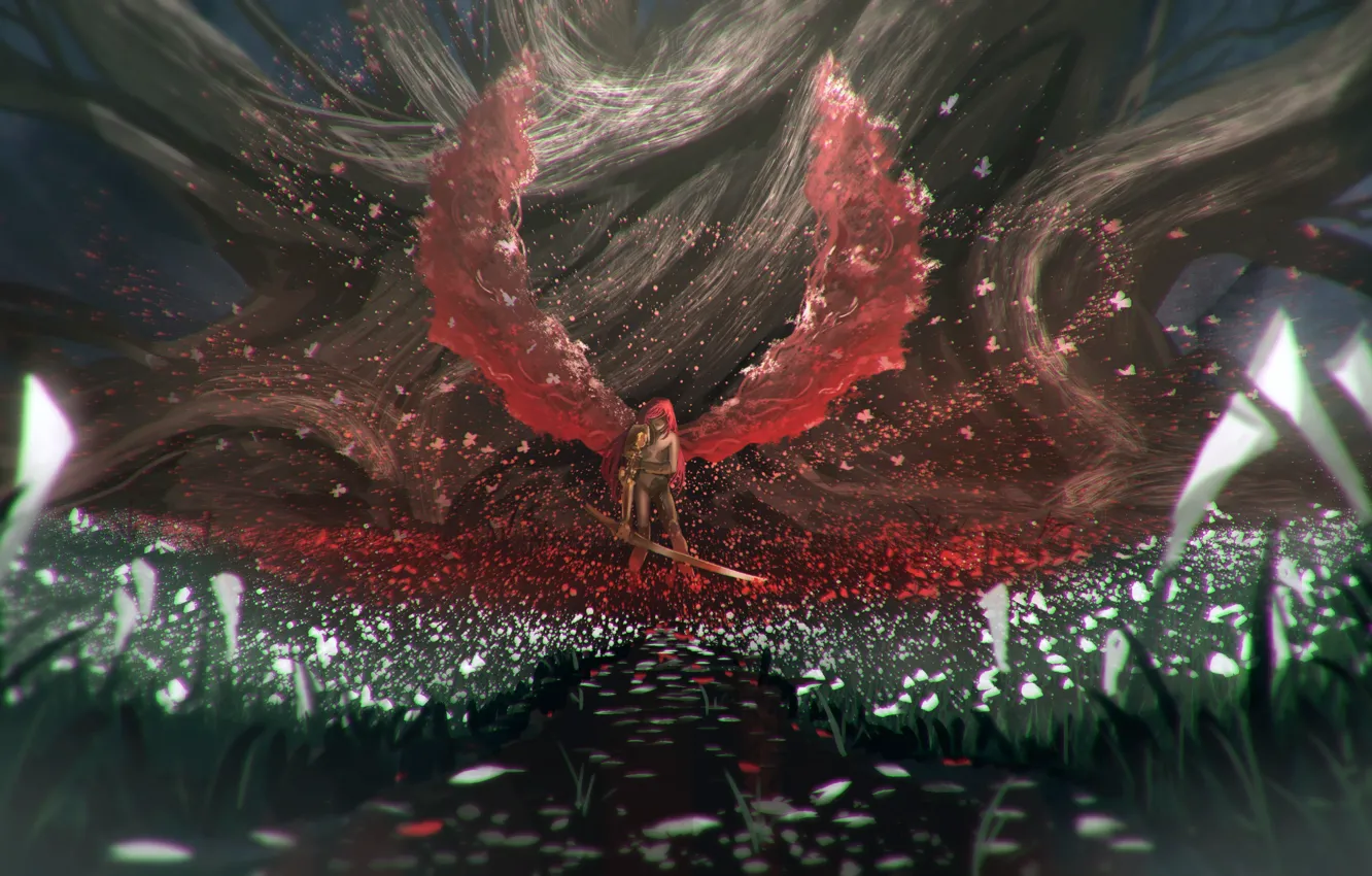 Photo wallpaper water, girl, flowers, fiction, wings, sword, Elden Ring, Malenia