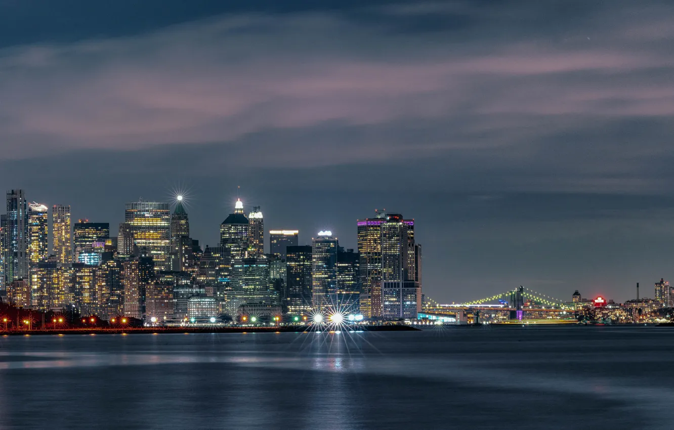 Photo wallpaper clouds, night, the city, lights, shore, view, New York, skyscrapers