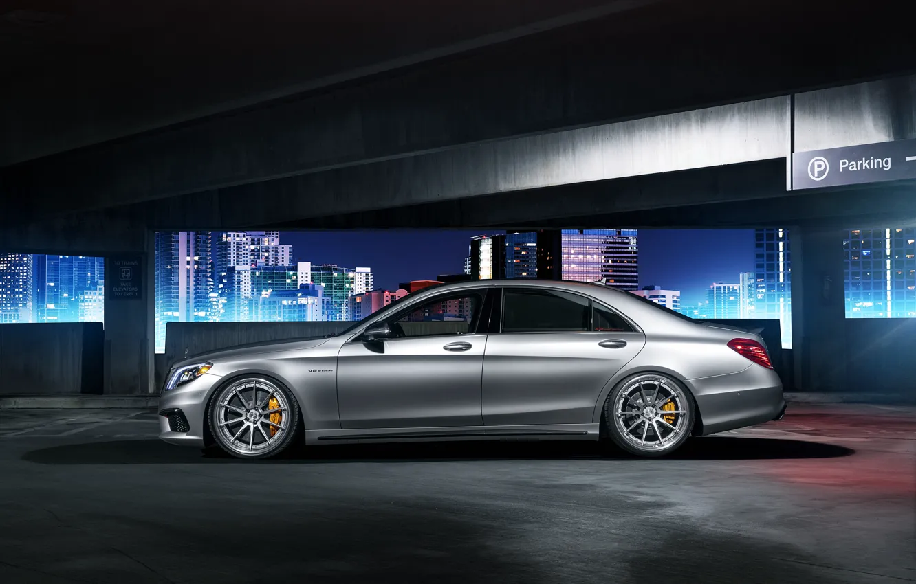 Photo wallpaper Mercedes-Benz, night, parking, profile, S63