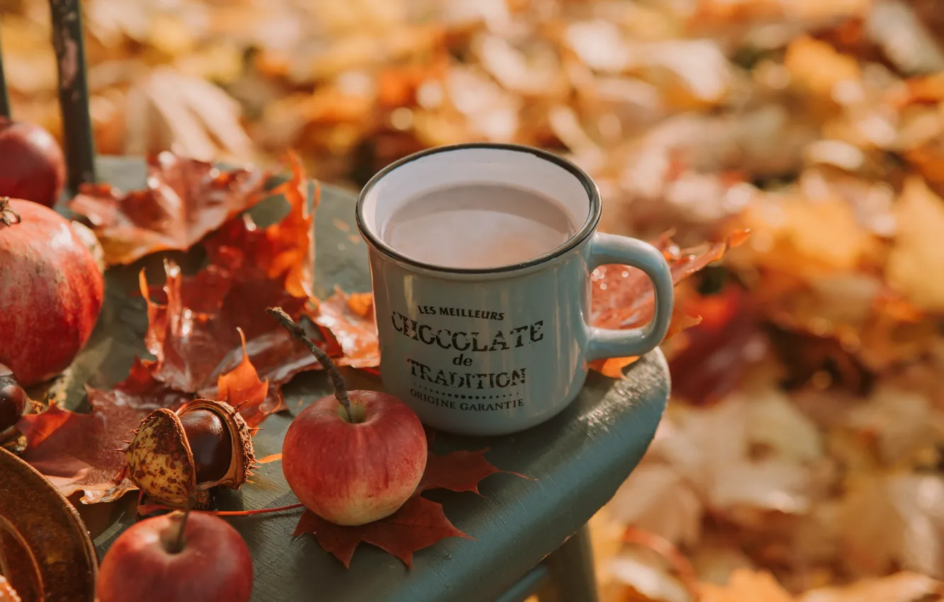 Photo wallpaper autumn, leaves, Apple, mug, Cup, drink, chestnut, cocoa