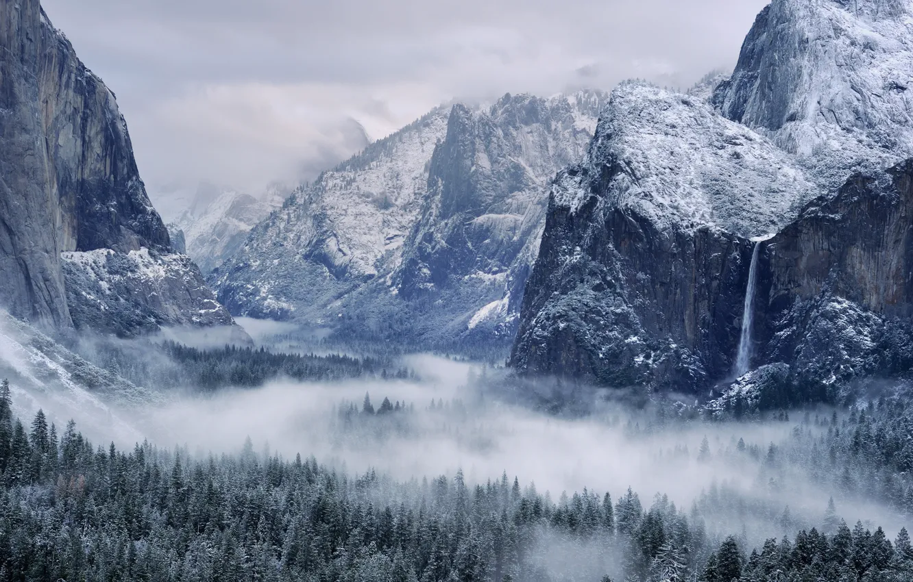 Photo wallpaper winter, the sky, snow, trees, mountains, nature, fog, rocks
