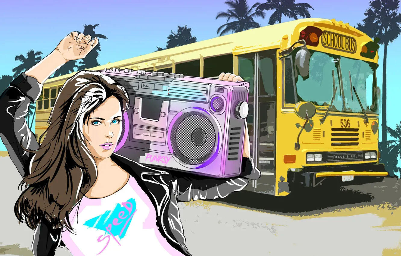 Photo wallpaper Girl, Music, Background, Bus, 80s, Tape, Illustration, Vacation