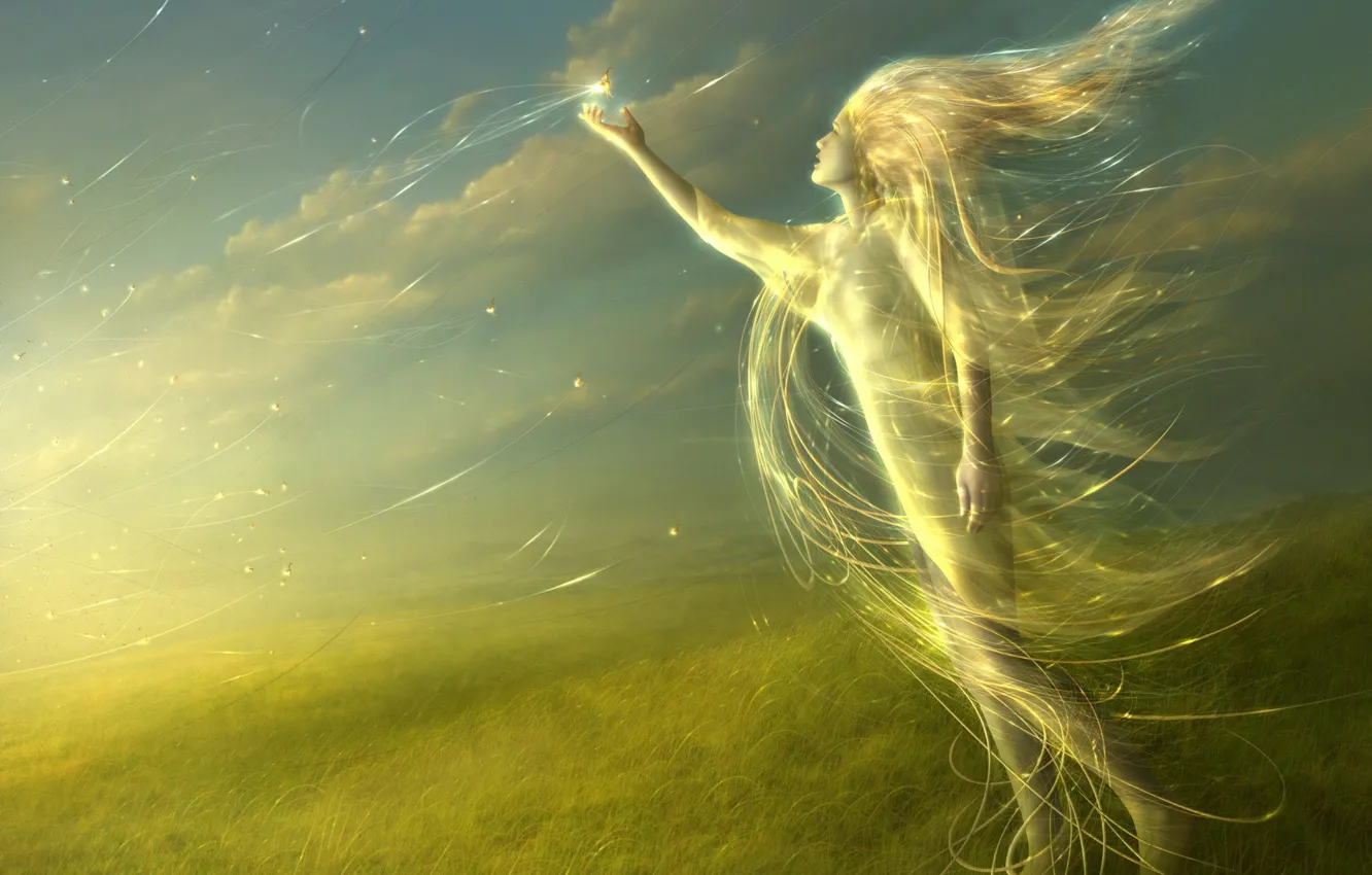 Photo wallpaper grass, girl, glow