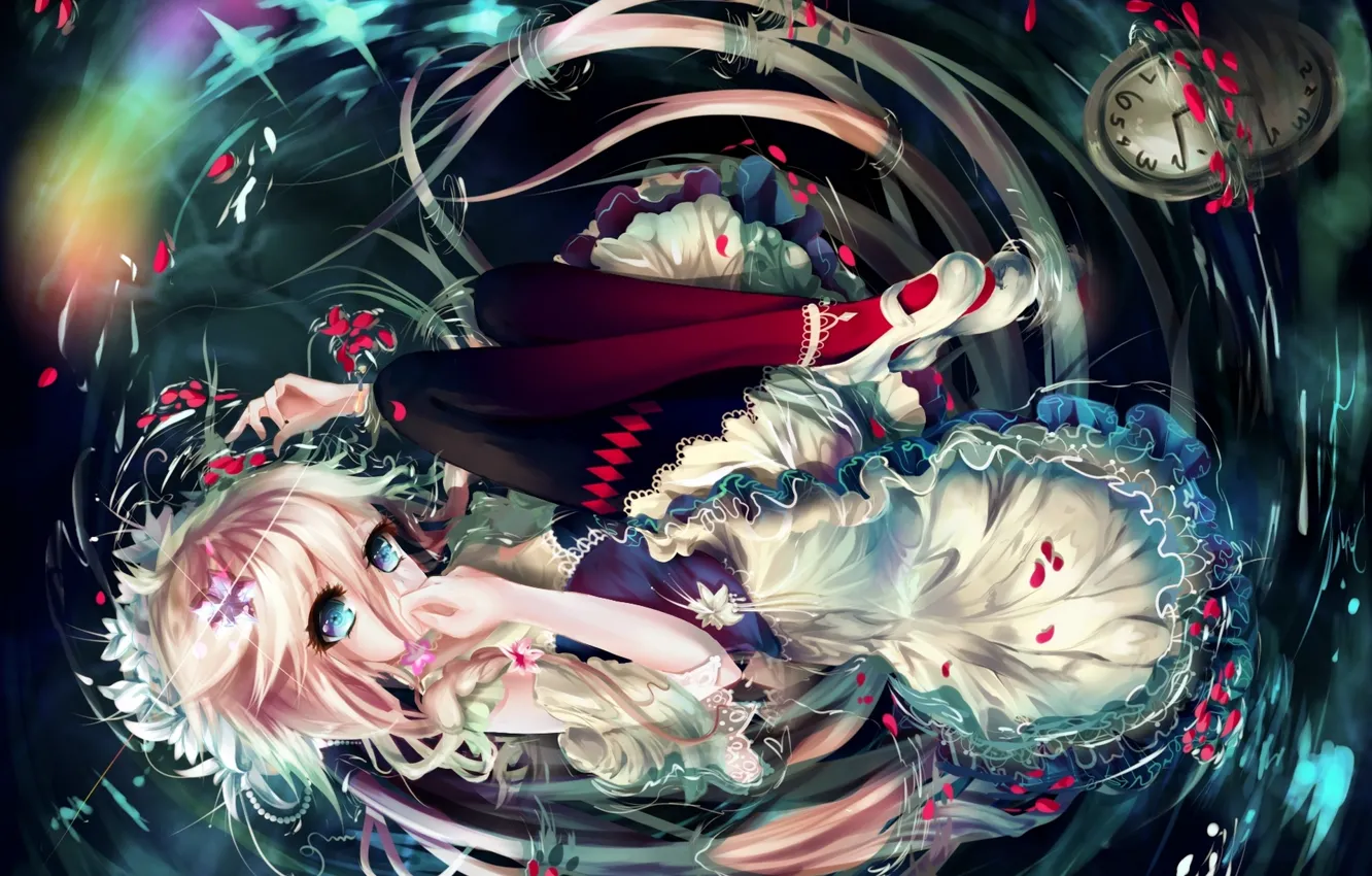 Photo wallpaper water, girl, watch, anime, petals, art, vocaloid, Sygnallost