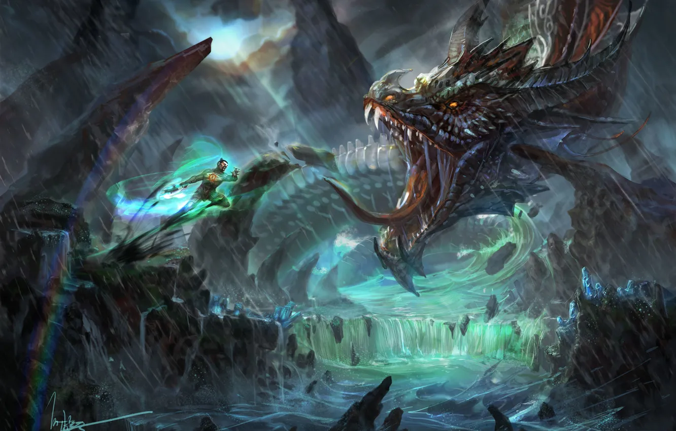 Photo wallpaper river, rain, rocks, dragon, people, waterfall, art, battle