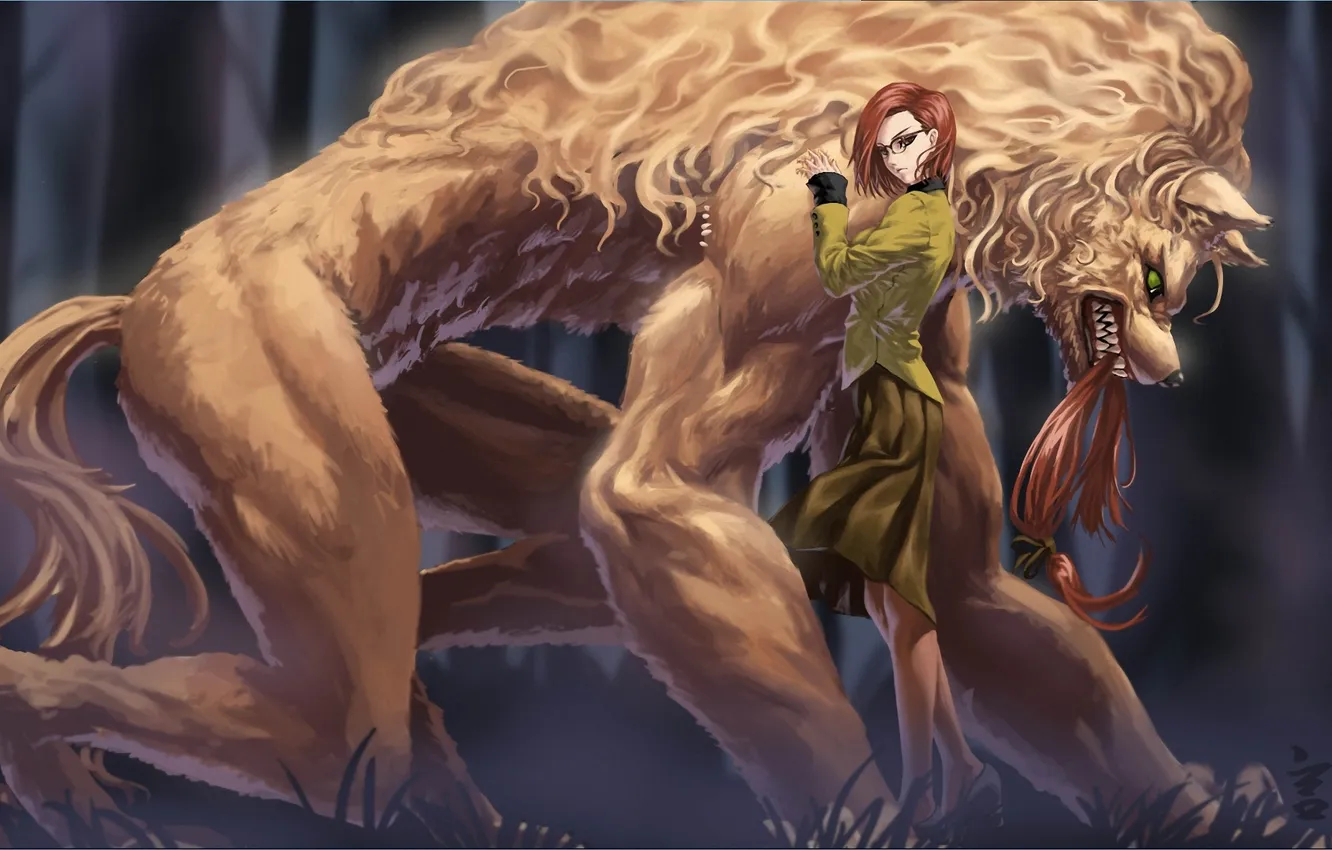 Photo wallpaper forest, girl, hair, monster, art, glasses, feitie, mahoutsukai no yoru