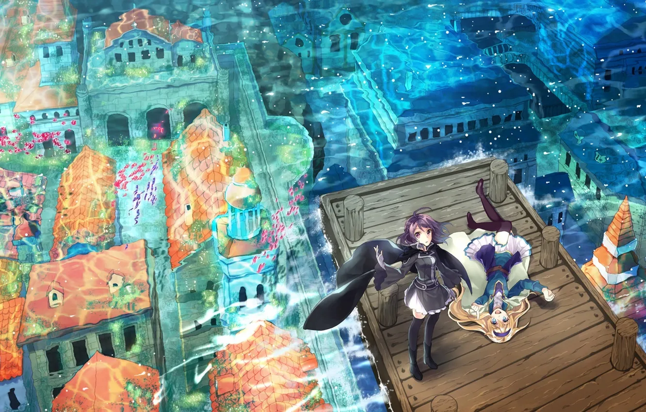 Photo wallpaper water, fish, the city, girls, home, anime, art, cloak