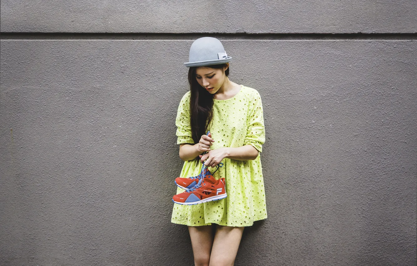 Photo wallpaper girl, hat, dress, hat, Asian, sneakers