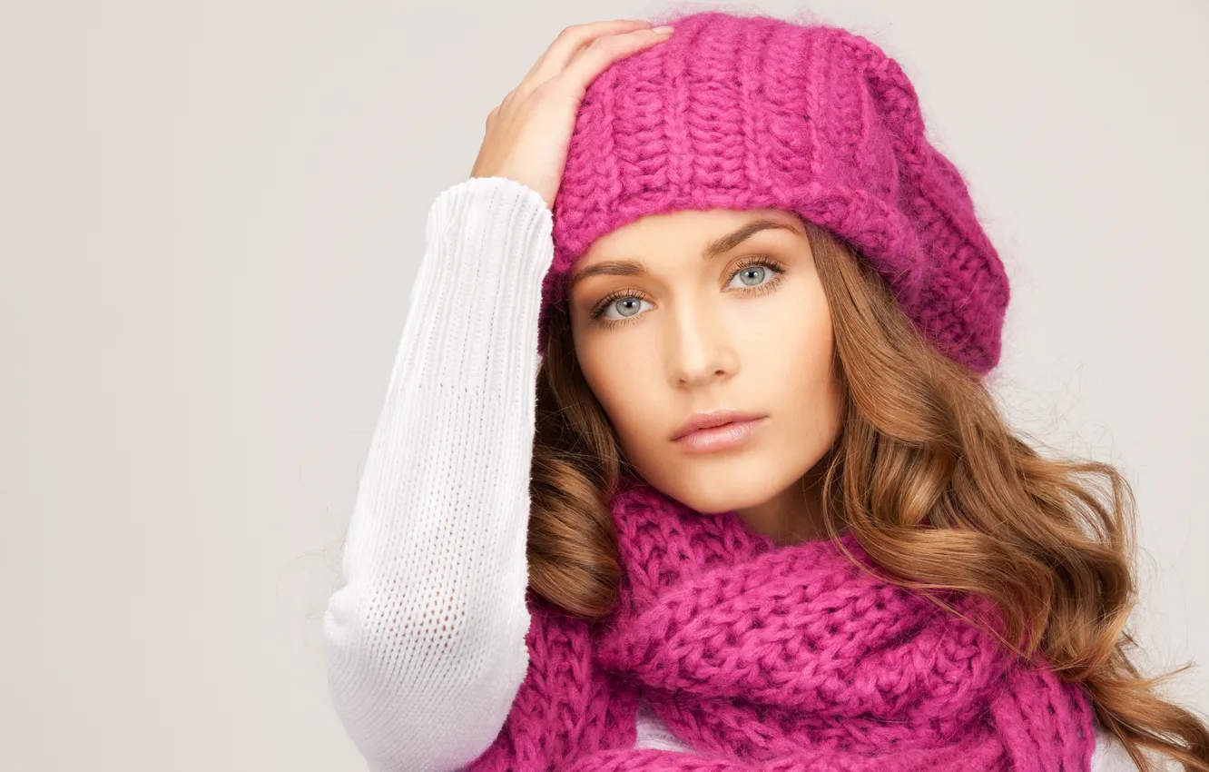 Photo wallpaper girl, hat, scarf, brown hair, cap, blue-eyed, curls, knitted
