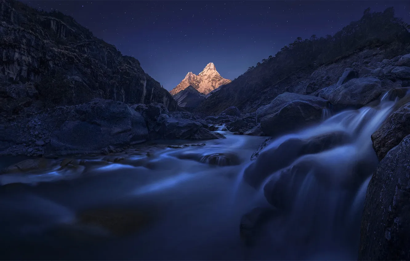Photo wallpaper Moon, Sky, Landscape, Mountain, Night, Nepal, Himalayas