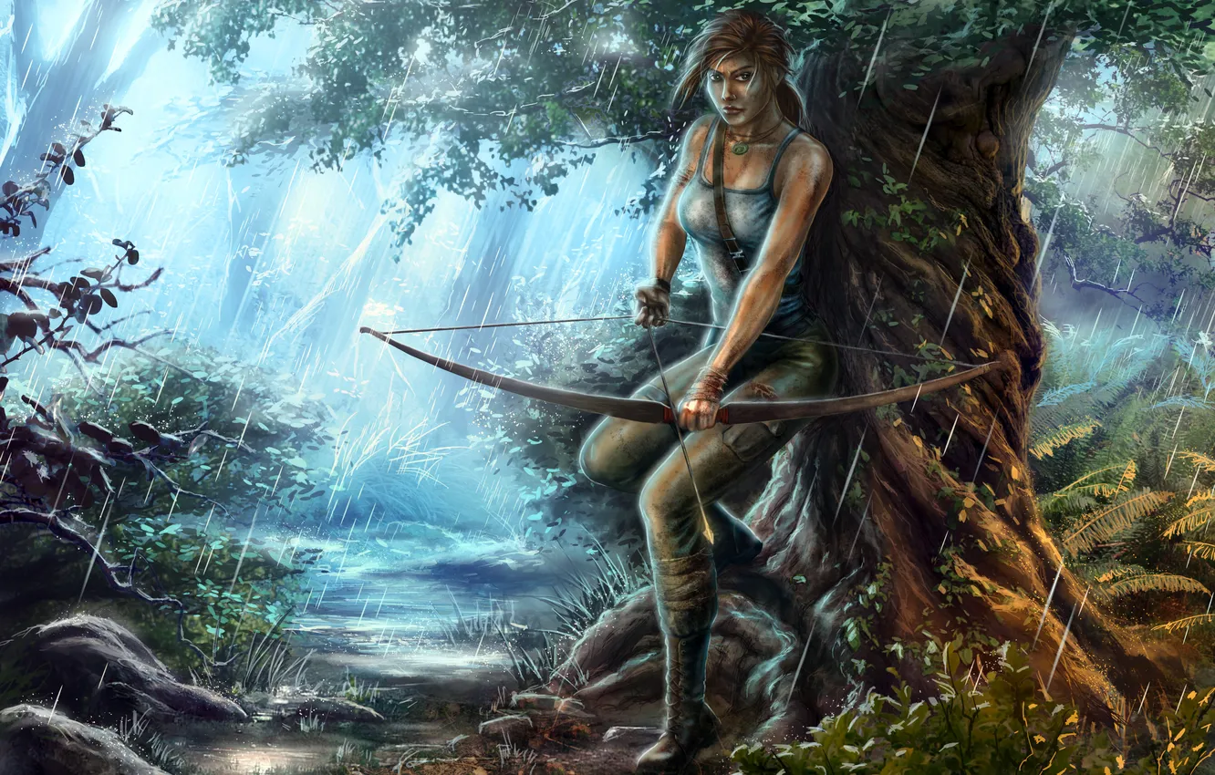 Photo wallpaper forest, rain, bow, Tomb Raider, Lara Croft, Lara Croft