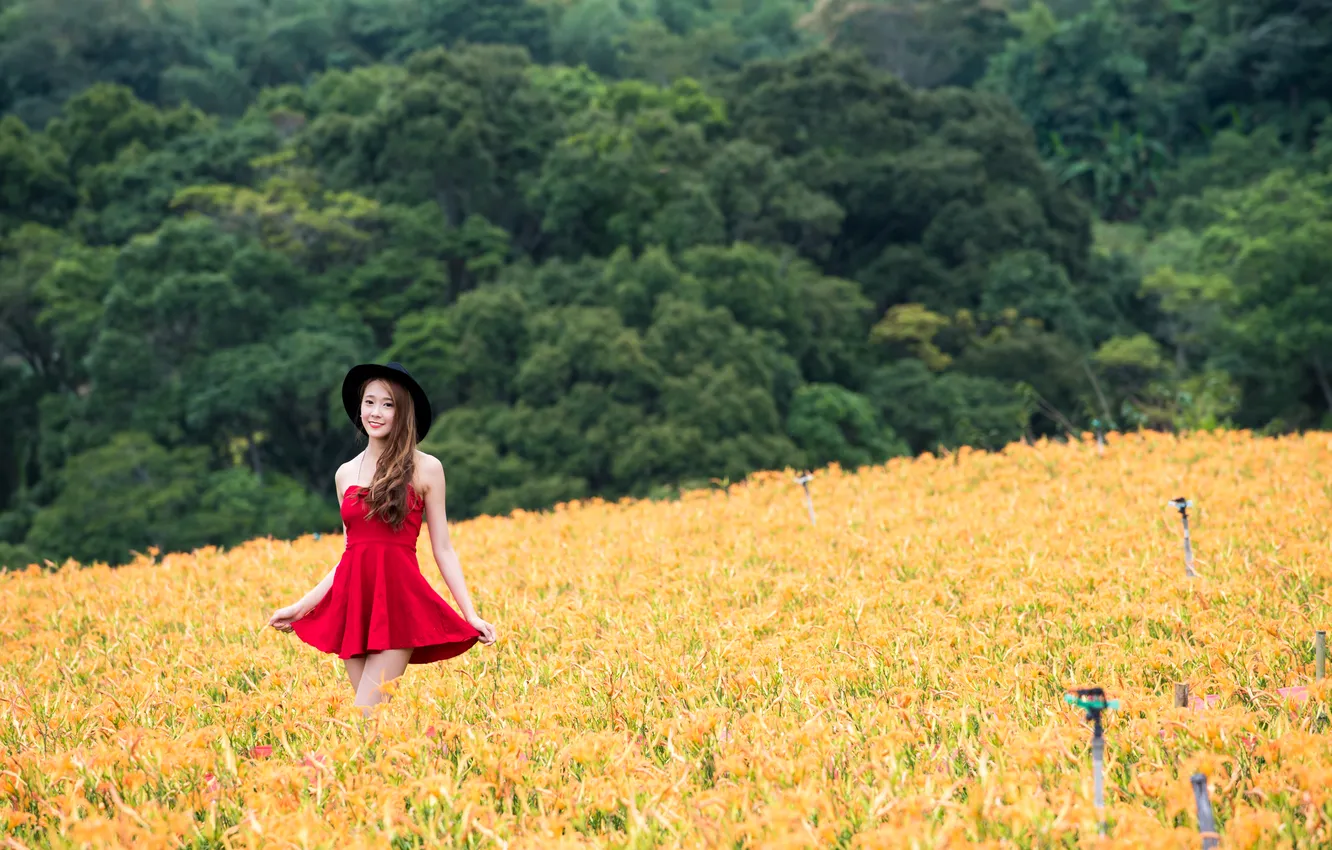 Photo wallpaper summer, nature, face, smile, background, red, hair, dress