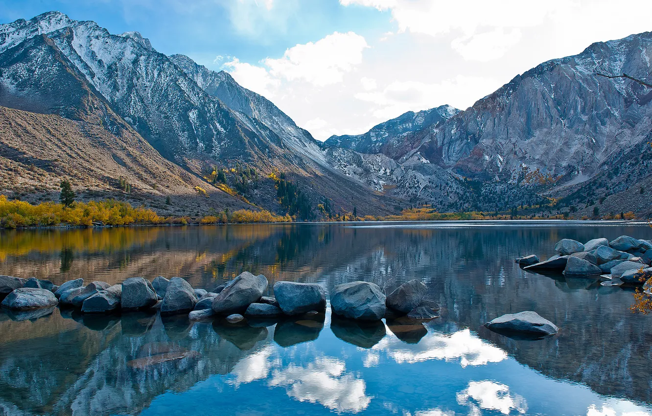 Photo wallpaper autumn, the sky, clouds, trees, mountains, lake, stones