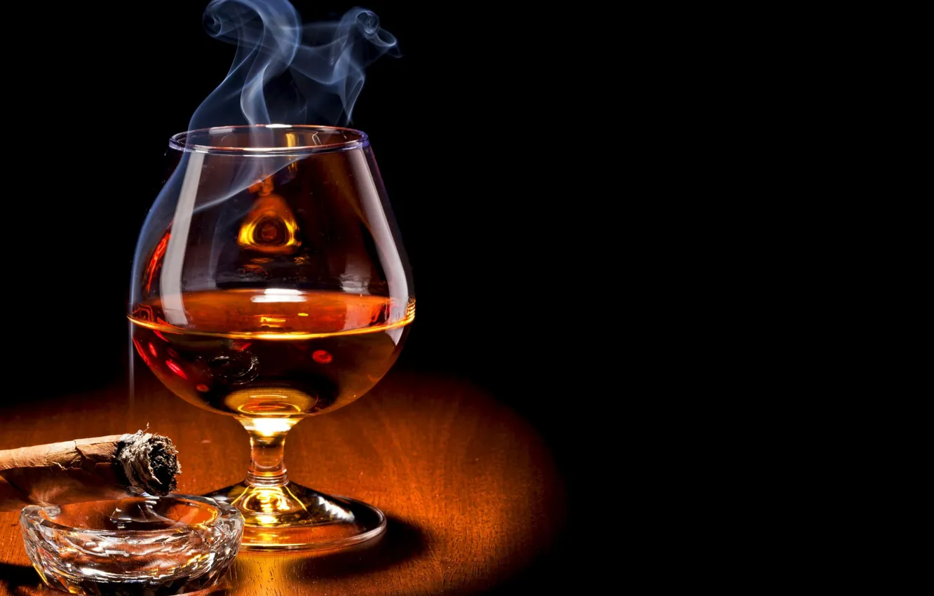 Photo wallpaper glass, smoke, food, drink, cigar, alcohol, brandy, Cognac