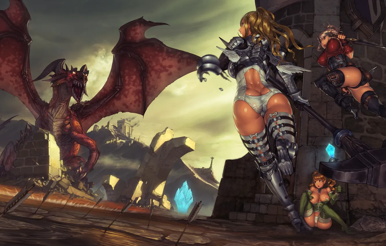 Photo wallpaper sword, fantasy, Dragon, armor, girls, fight, ruins, battle