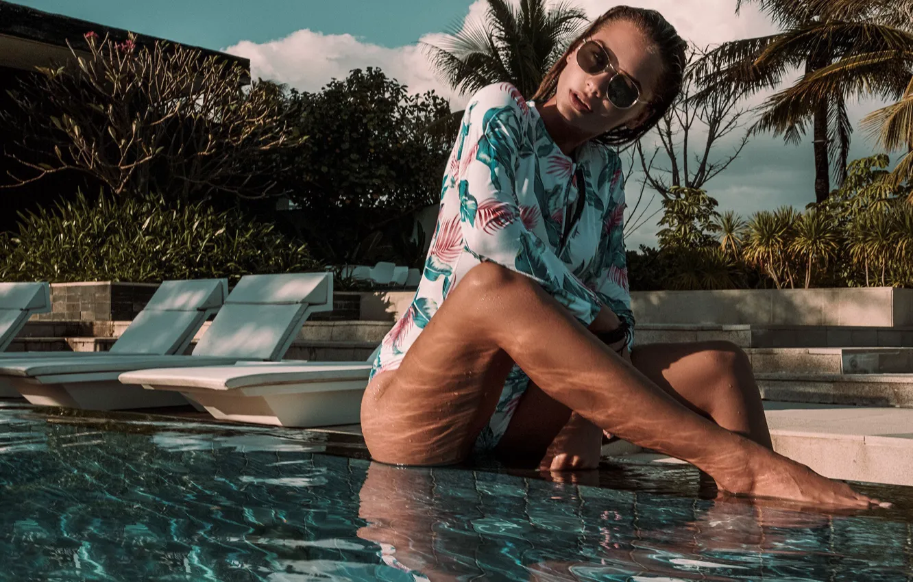 Photo wallpaper water, girl, pose, feet, pool, glasses, Eugene Angels, Angelov