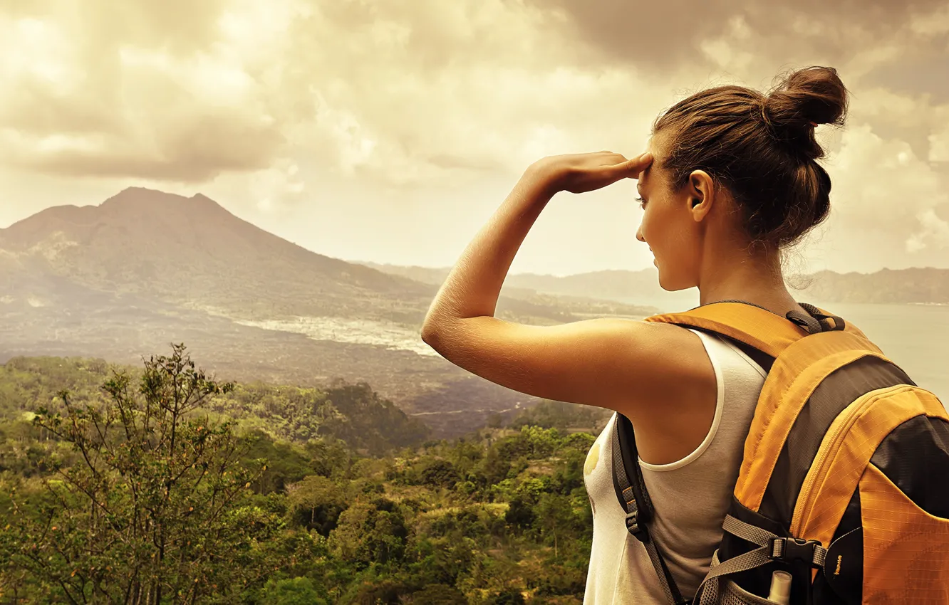 Photo wallpaper forest, woman, backpack, trekking