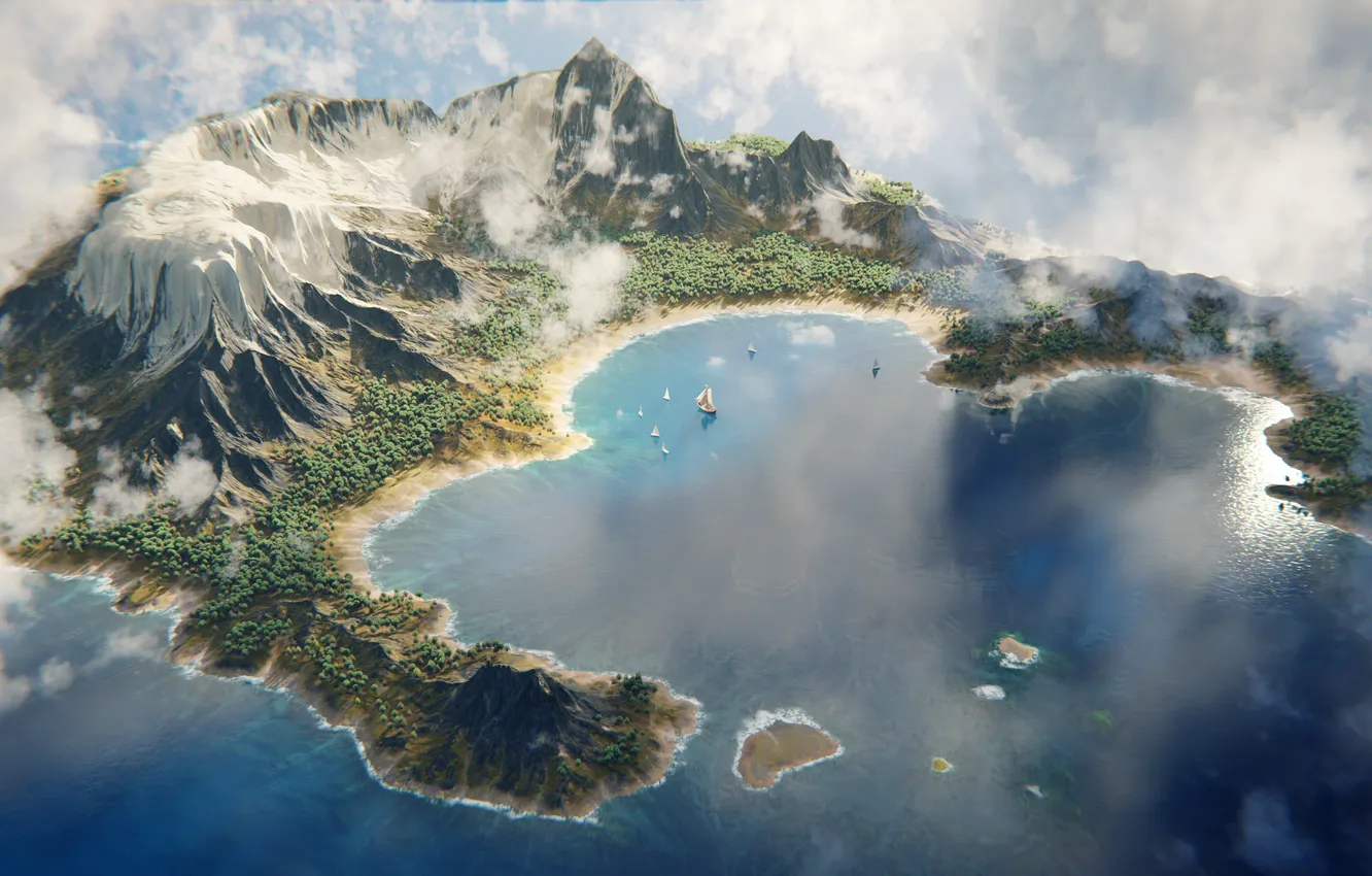 Photo wallpaper forest, river, sky, trees, sea, landscape, water, mountains