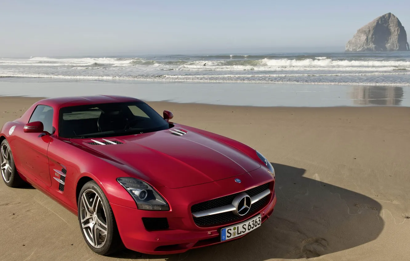 Photo wallpaper sea, shore, Mercedes-Benz, SLS, Mercedes-Benz SLS AMG