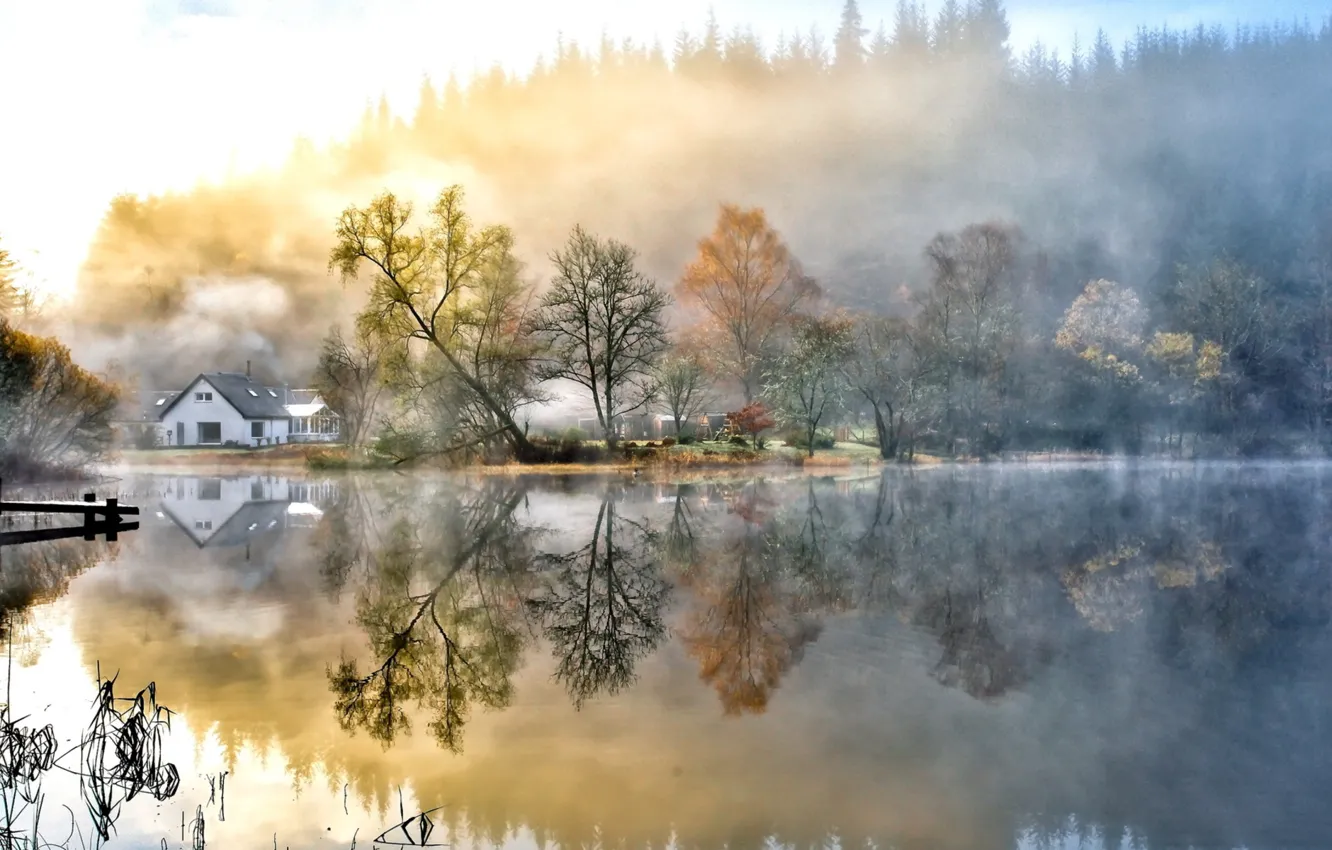 Photo wallpaper Nature, Water, Landscapes, Morning, Fog, Houses, Lakes