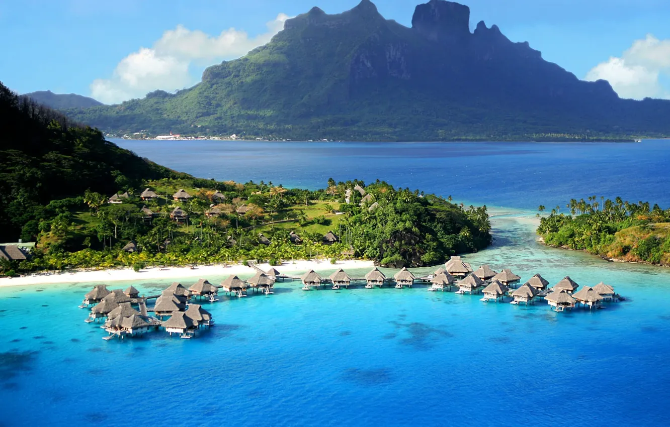 Photo wallpaper sea, mountains, Bora Bora, Bungalow