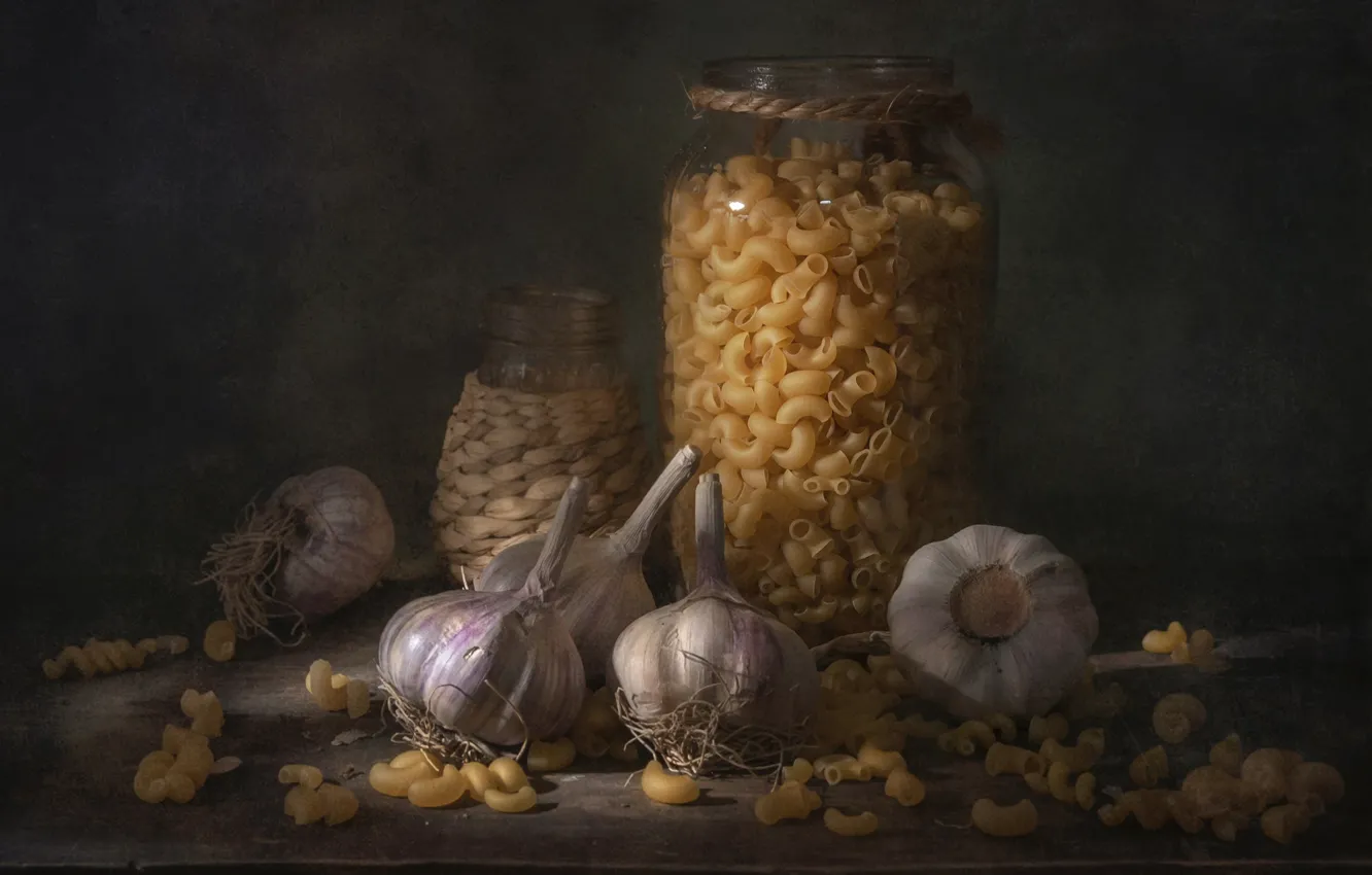 Photo wallpaper Bank, still life, garlic, placer, dishes, pasta