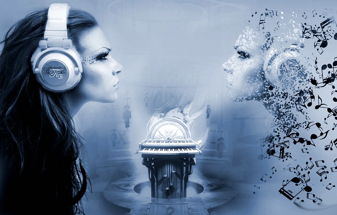 Photo wallpaper look, girl, notes, headphones, brunette, microphone, body