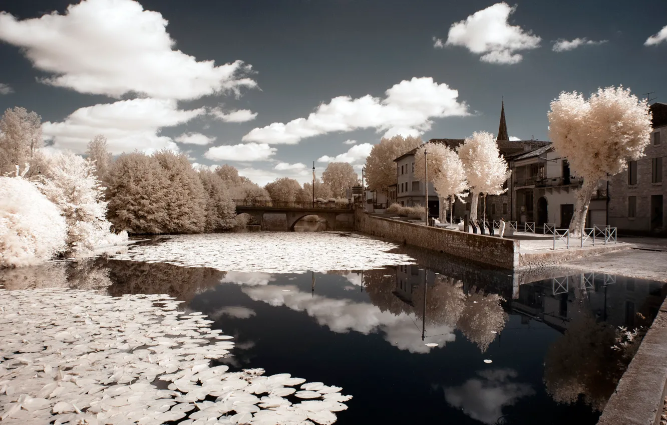 Photo wallpaper the sky, clouds, trees, bridge, house, river, France, infrared the