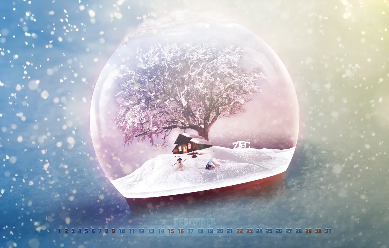 Photo wallpaper winter, snow, house, tree, new year, Christmas, snowman, new year