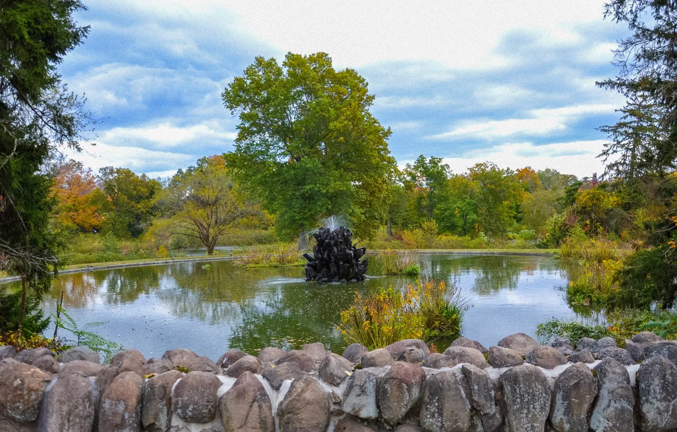 Photo wallpaper autumn, the sky, water, clouds, trees, nature, reflection, stones