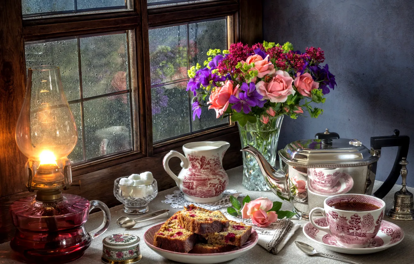 Photo wallpaper rain, tea, lamp, roses, bouquet, window, pie, sugar