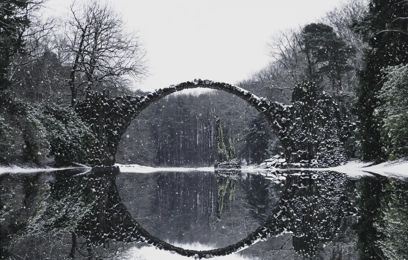 Photo wallpaper winter, snow, bridge, reflection, bridge, Germany, winter, Rakotzbrücke