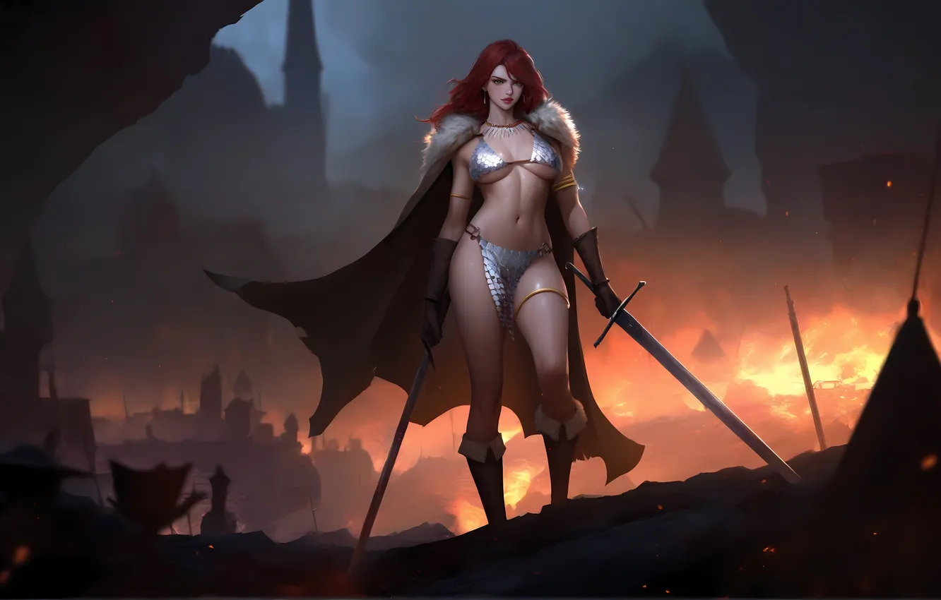 Photo wallpaper fire, girl, sword, fantasy, cleavage, redhead, battle, digital art