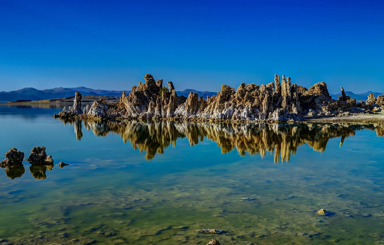 Photo wallpaper lake, reflection, rocks, USA, basalt, mono lake