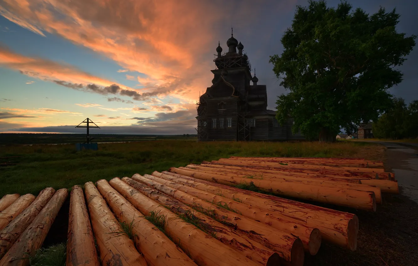 Photo wallpaper field, forest, summer, clouds, trees, landscape, sunset, village