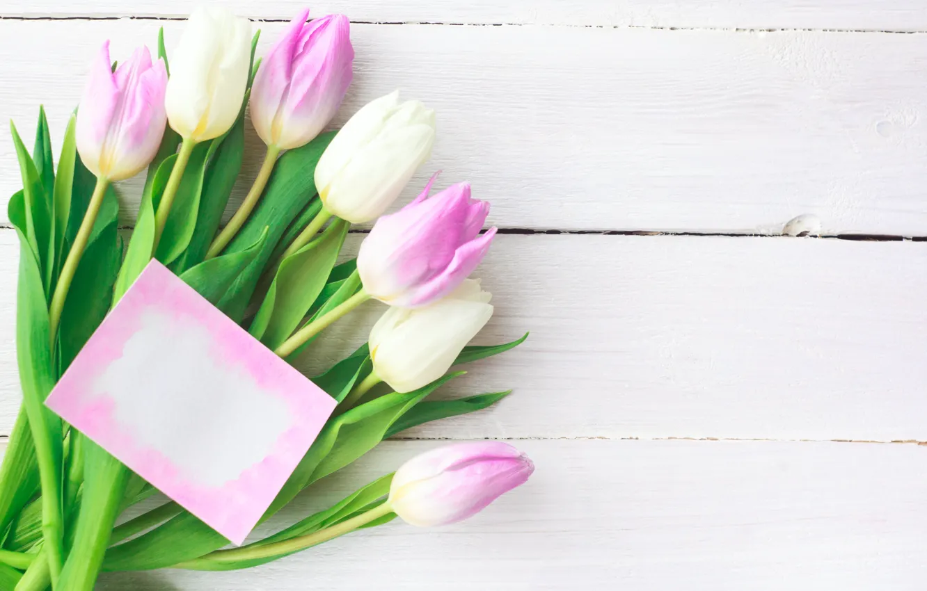 Photo wallpaper flowers, bouquet, tulips, love, pink, white, fresh, pink