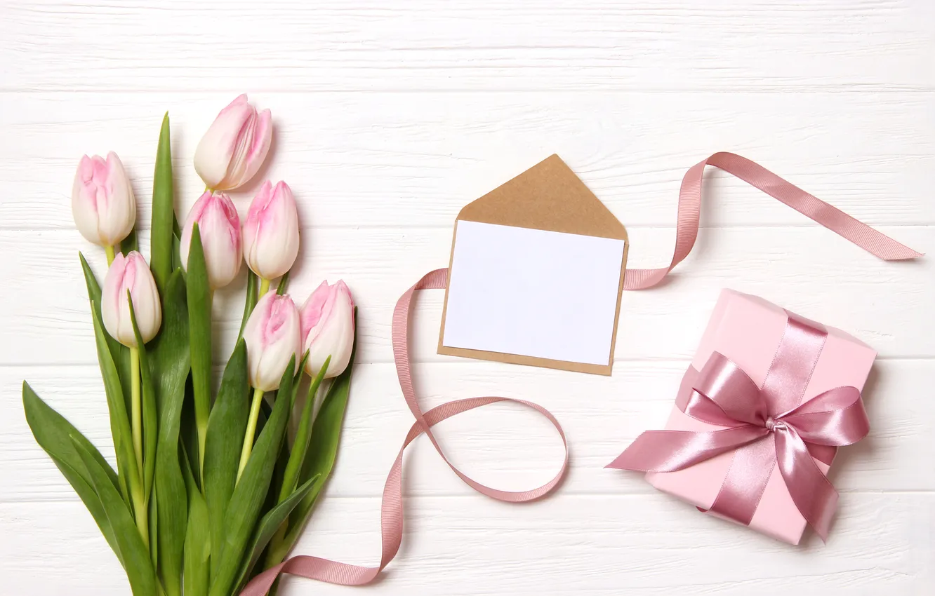 Photo wallpaper flowers, gift, bouquet, tulips, pink, wood, pink, flowers