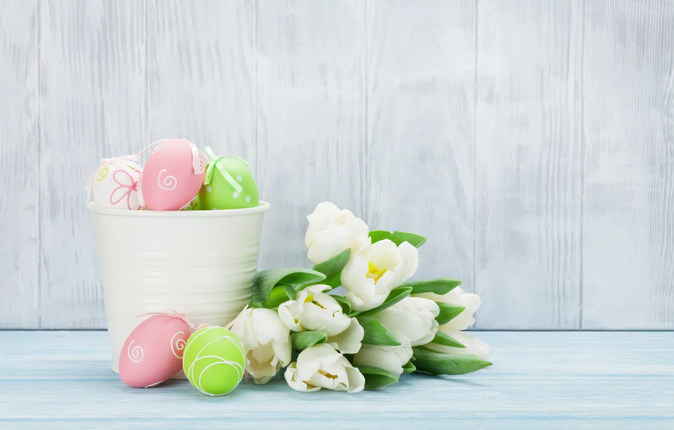 Photo wallpaper flowers, eggs, spring, Easter, white, happy, wood, pink