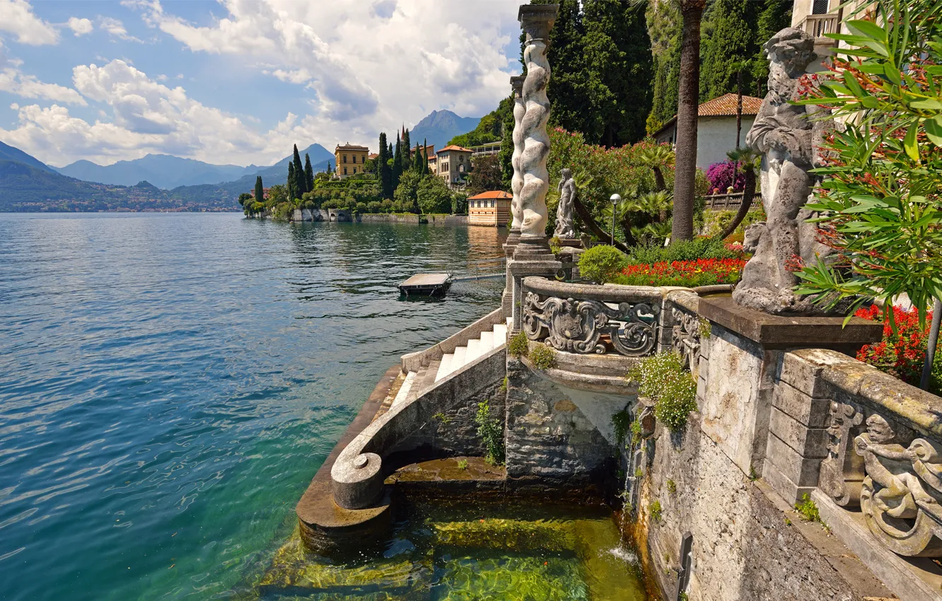 Photo wallpaper flowers, mountains, lake, Villa, home, Italy, stage, statue