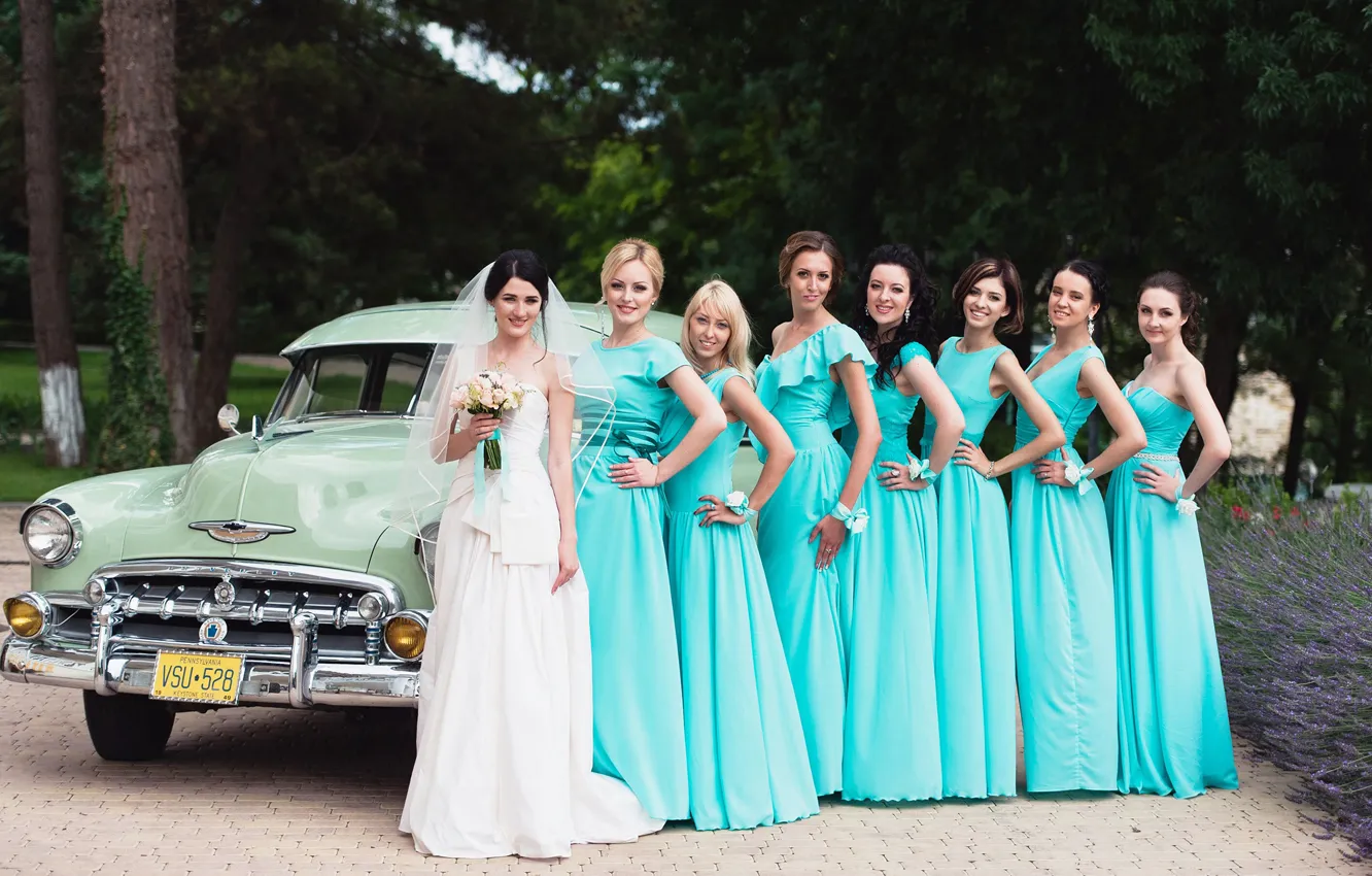 Photo wallpaper auto, flowers, girls, dress, the bride, wedding, wedding