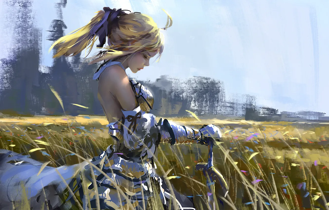 Photo wallpaper girl, nature, armor, Saber Lily, fate/unlimited codes, Wlop, Artoria Pendragon