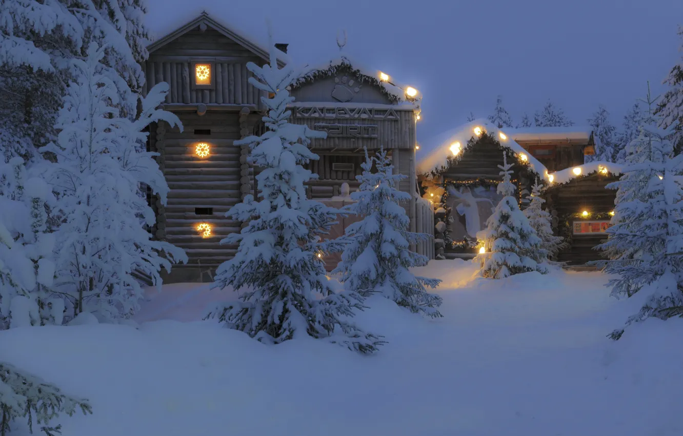 Photo wallpaper winter, snow, trees, night, the city, house, photo, Finland