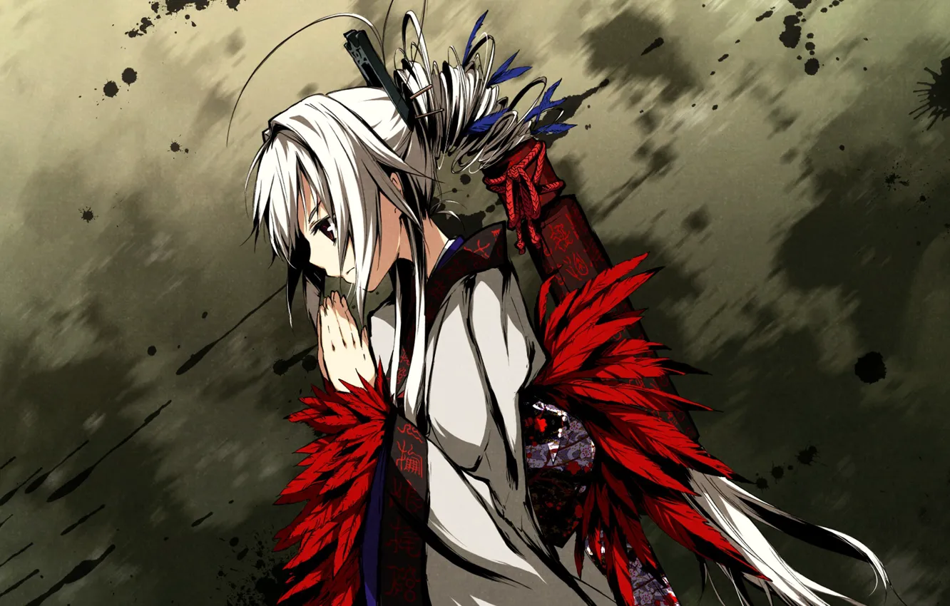 Photo wallpaper girl, feathers, yukata, art, prayer, g yuusuke, Kaji Wait To Wring Kaguya