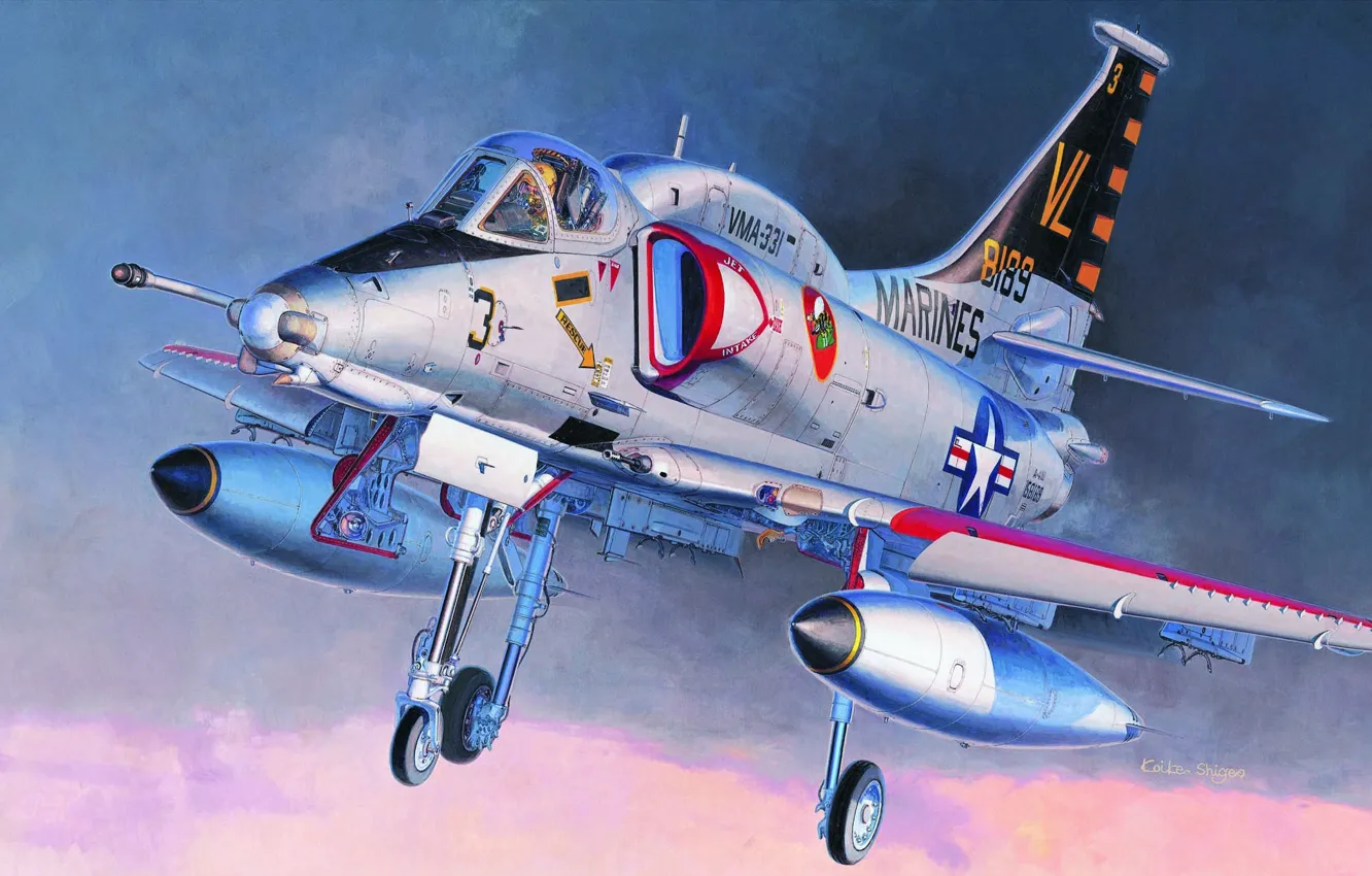 Photo wallpaper the plane, art, artist, Douglas, Douglas A-4 Skyhawk, Koike Shigeo., A-4 Skyhawk, American light carrier-based …