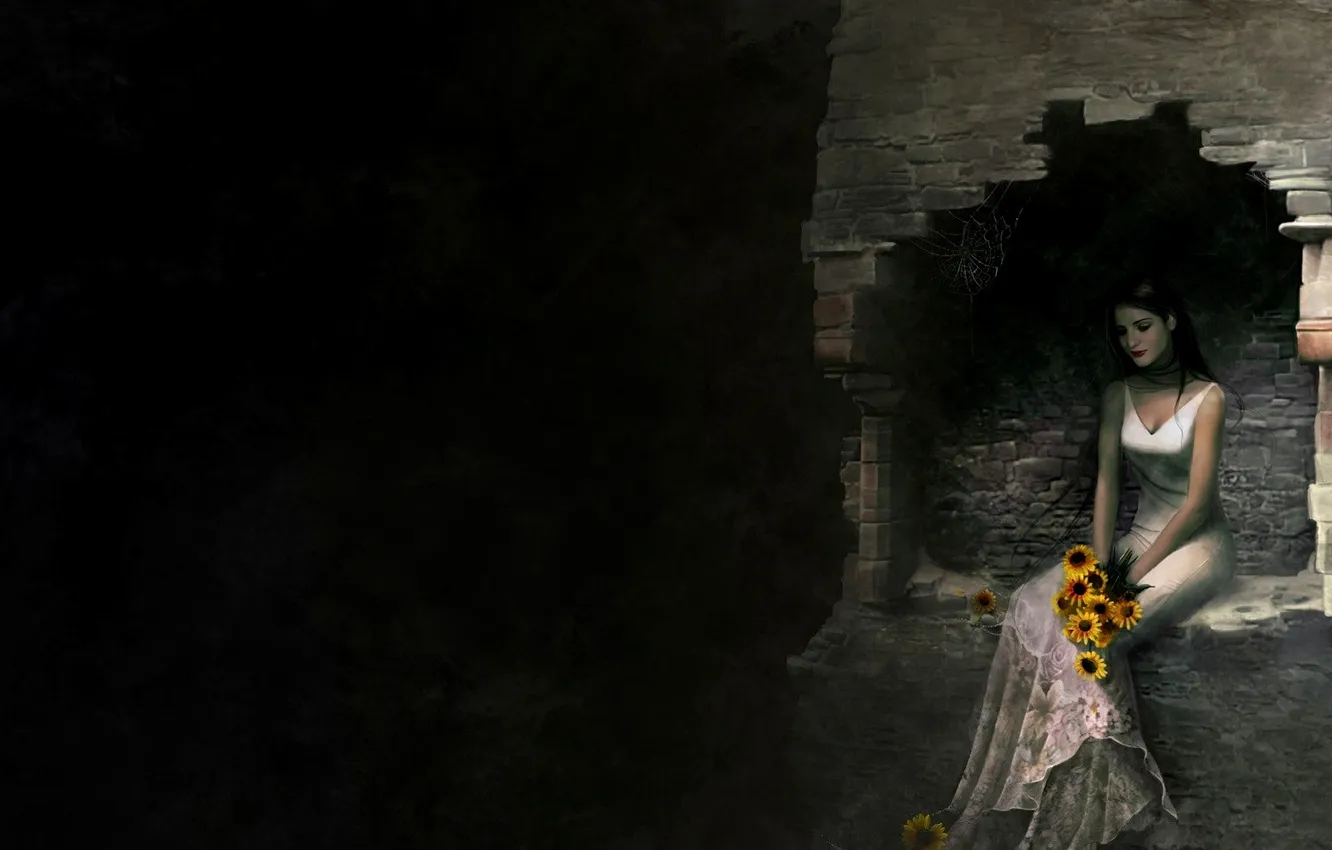 Photo wallpaper white, flowers, dress, masonry, thoughtfully