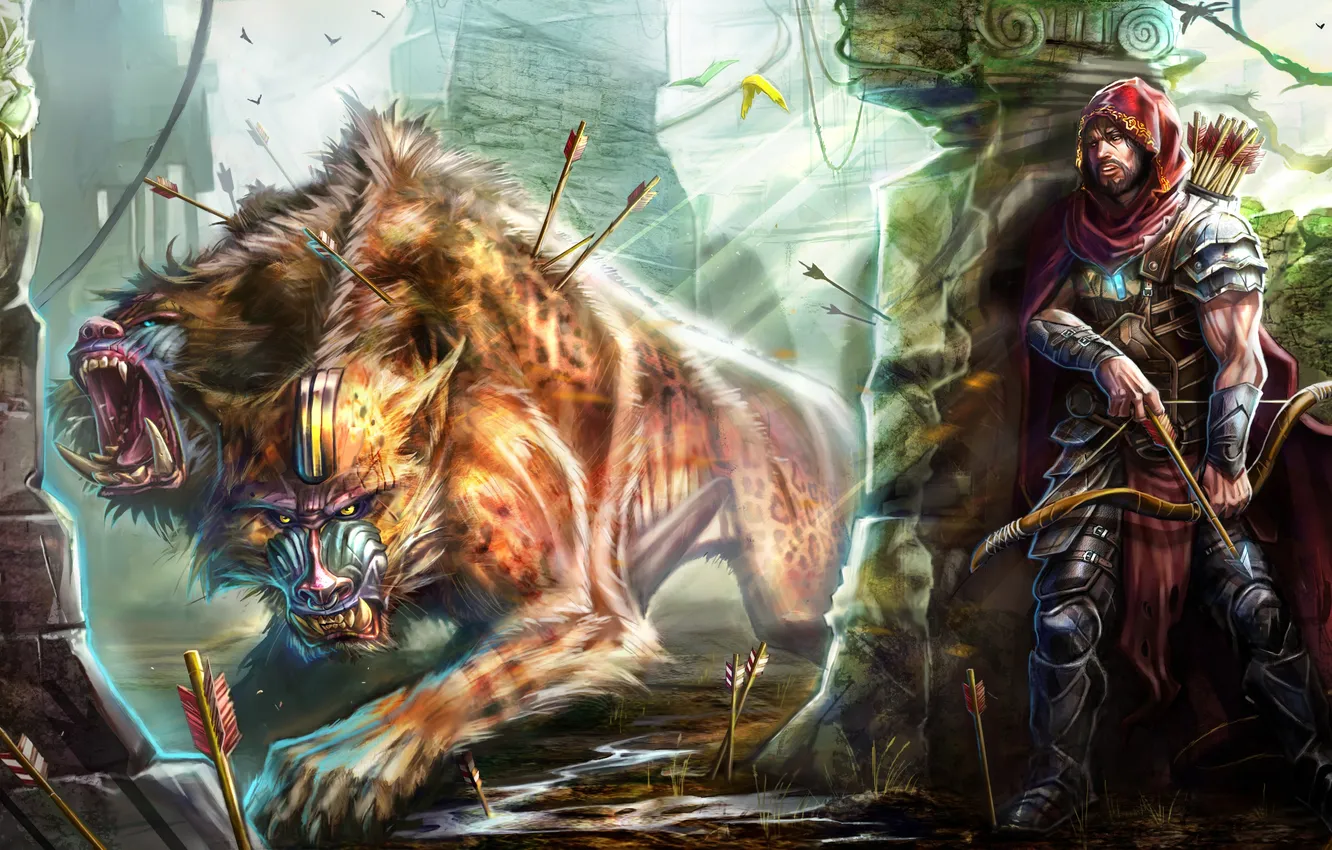 Photo wallpaper bow, arrows, hunter, creature, wounds, feline